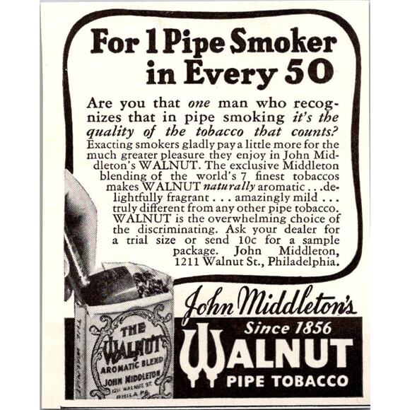 John Middleton Walnut Pipe Tobacco Philadelphia PA 1940s WWII Era Ad SAH7-7 - Picture 2 of 2